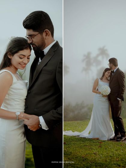 A collage of intimate moments in both color and black and white, capturing the quiet tenderness between the couple amidst the misty hills.