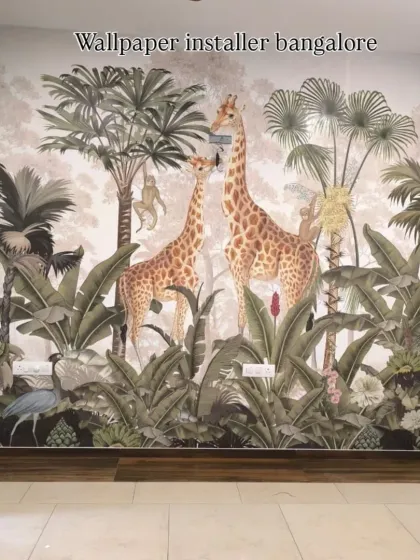 This is a custom jungle mural for a child's room, featuring two large giraffes and other animals. I focus on perfect alignment to make sure large, detailed scenes like this look like a single piece of art.