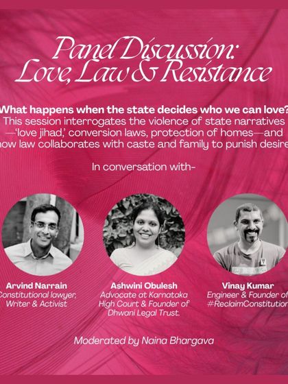 Poster for a panel discussion on 'Love, Law & Resistance', interrogating state narratives.