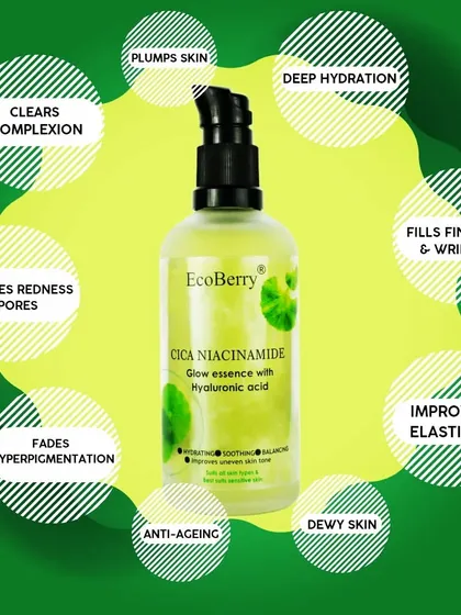 My Cica Niacinamide Glow Essence clears complexion, minimizes pores, fades hyperpigmentation, and provides deep hydration for dewy, anti-aging results.