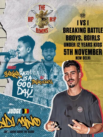 This is how we announce a battle. This event poster for our Pre-Hiphop X Elements jam shows how we handle promotion, featuring the international judge, our MC, and the DJ, along with clear details on the 1v1 Breaking, B-Girls, and Kids battle categories.