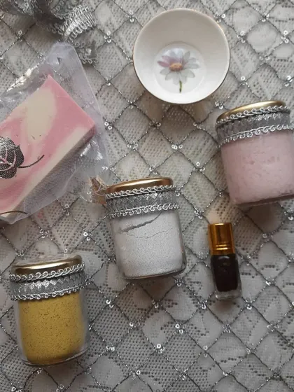 A sneak peek of a special bridal hamper I put together. It includes a selection of my bestsellers like the Rose Garden soap, Ubtan Body Polish, and a Butterfly Pea Flower face mask, all beautifully packaged for a bride-to-be.