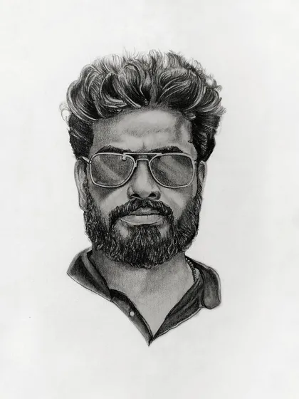 Here’s a super clean look at a commissioned graphite pencil portrait. We focus on getting the details just right, from the hair texture to the reflection in the sunglasses, to create a realistic hand-drawn piece of art.