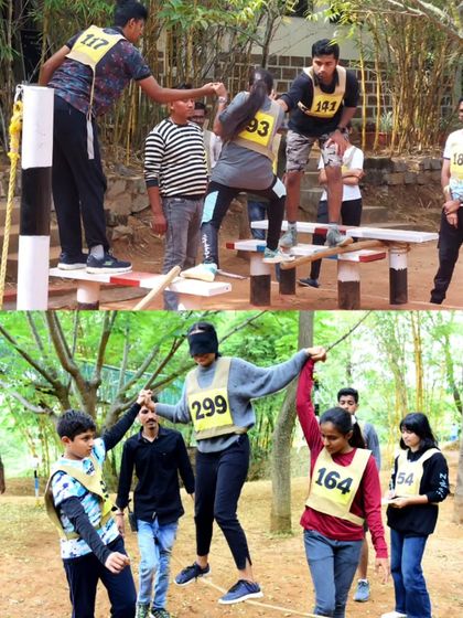 Teamwork in action. A collage showing participants helping each other through a blindfolded walk and a balancing obstacle at RYLA.