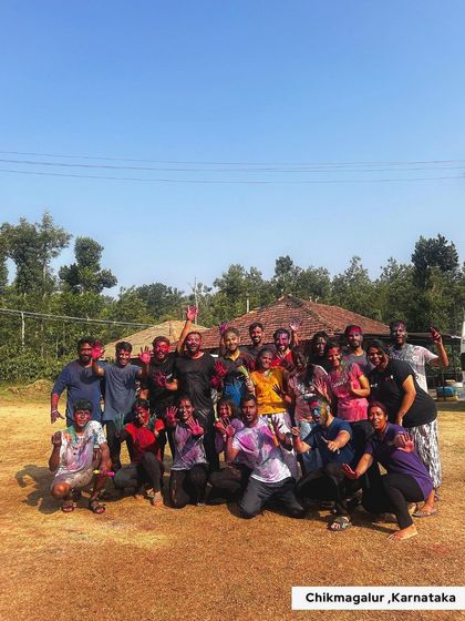 Our Chikmagalur crew, all smiles and covered in colours. We celebrated Holi in the heart of coffee country, proving that any place can be a party with the right people.