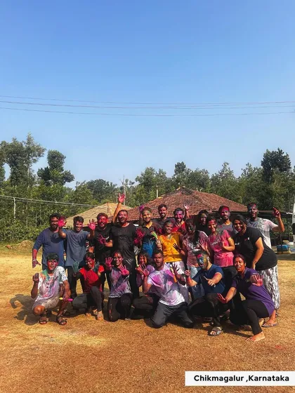 Our Chikmagalur crew, all smiles and covered in colours. We celebrated Holi in the heart of coffee country, proving that any place can be a party with the right people.
