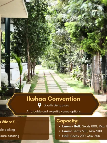 A detailed look at Ikshaa Convention in South Bengaluru, an affordable and versatile venue option. It features ample parking, in-house catering, and a capacity of up to 1,200 guests across its lawn and hall.