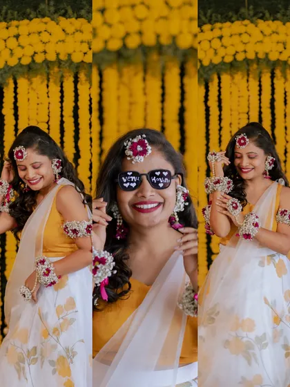 A collage of a bride's portraits from her Haldi ceremony, showing off her fun sunglasses and floral jewelry.