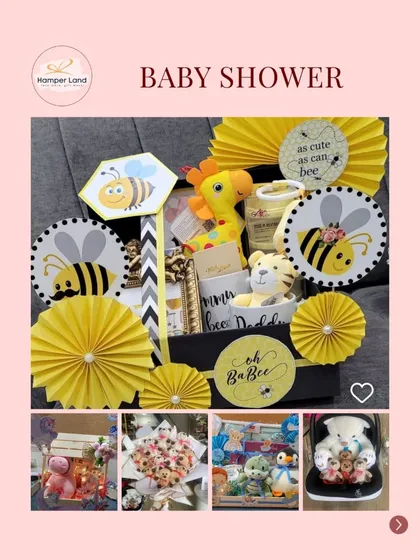 A showcase of my baby shower hamper designs. This image features a bright and cheerful 'as cute as can bee' themed hamper, along with smaller images of other adorable options like teddy bear bouquets and themed gift sets.