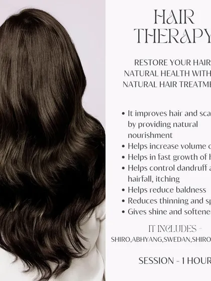 Hair fall and poor scalp health are common concerns that I address with my natural Hair Therapy. This one-hour session includes a nourishing head massage (Shiro Abhyang) and herbal steam to strengthen roots and restore shine.