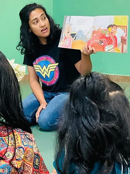A series of photos from an indoor storytelling session for Pratham Books' 'One Day, One Story' event. This shows my journey as a storyteller, from park sessions to collaborations, and my passion for spreading the joy of reading.
