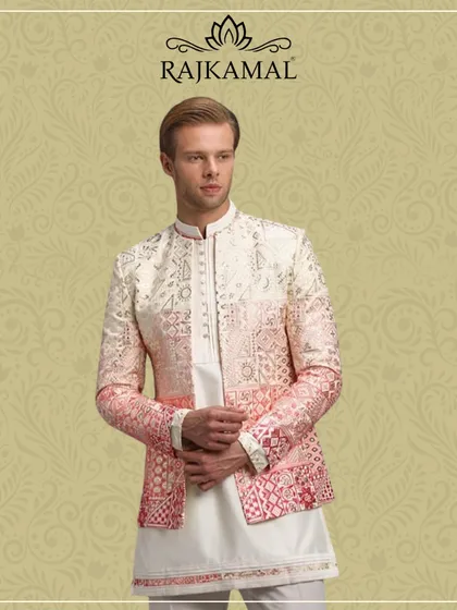 I believe in offering variety for every event. This model showcases a modern Indo-Western jacket with a striking pink-to-white gradient and sequin work, perfect for a vibrant Sangeet or daytime wedding event.