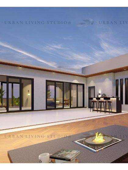 This render provides a wide-angle view of the Gurgaon terrace, showcasing the spacious layout with a fire table in the foreground and a bar area in the back.