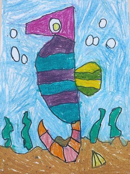 This colorful seahorse drawing is a great exercise in using patterns and blending colors within different sections of the animal's body.