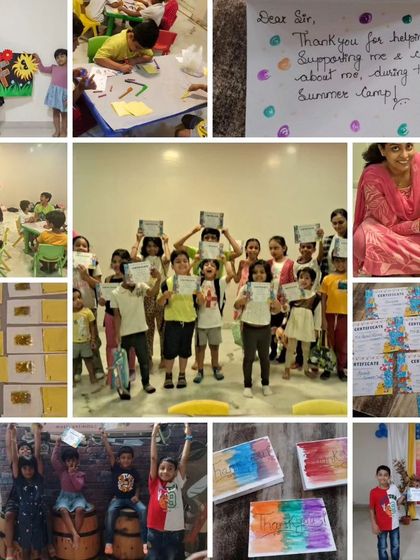 A heartwarming collage from the last day of camp, featuring thank you notes from campers, group photos with certificates, and a variety of beautiful artwork created during the program.