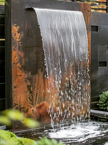 A rustic-modern water feature with water cascading down a weathered steel panel. The contrast between the industrial metal and the soft flow of water creates a powerful visual statement.