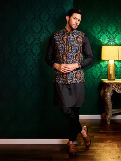 This lookbook shot for a menswear brand shows how I create a specific mood. The rich, textured green background and warm lamp light complement the intricate ethnic wear, creating a sophisticated and luxurious feel for the entire collection.
