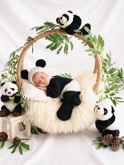 Let's have some fun with your session! My studio is filled with creative props to bring any theme to life, like this adorable sleepy panda setup for a truly unique newborn portrait.