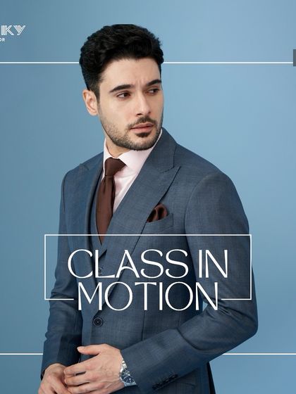 Class in motion. This blue three-piece suit is crafted for confidence, a suit that speaks volumes about your personal style and sophistication.