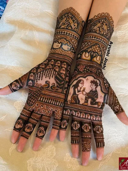 Another angle of the Istanbul proposal mehendi, showing the detailed figures of the couple and their cat, set against a backdrop of classic Indian mehendi patterns.