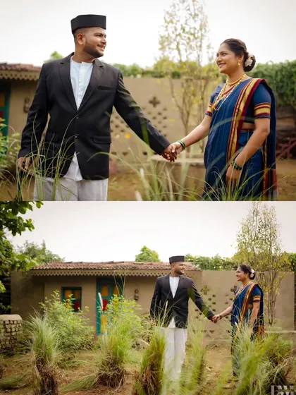 A romantic walk through a village path. The couple's traditional attire and the natural surroundings create a timeless and authentic pre-wedding photograph.