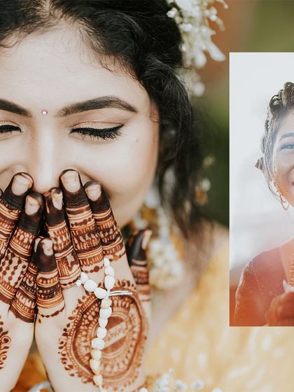 A collage focusing on the bride's shy smile and intricate Mehendi during her Haldi ceremony.