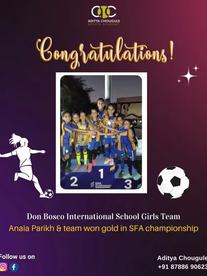 Our students excel in multiple sports. Congratulations to Anaia Parikh and the Don Bosco International School Girls Team for winning gold in the SFA football championship.