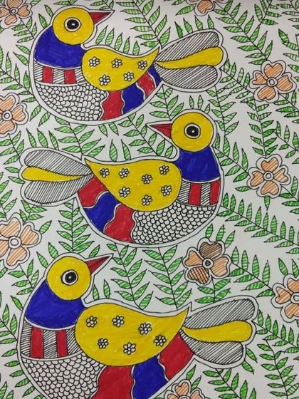 A beautiful Madhubani-style painting of birds done by a student. They did a wonderful job with the intricate patterns and bright colour palette typical of this folk art.