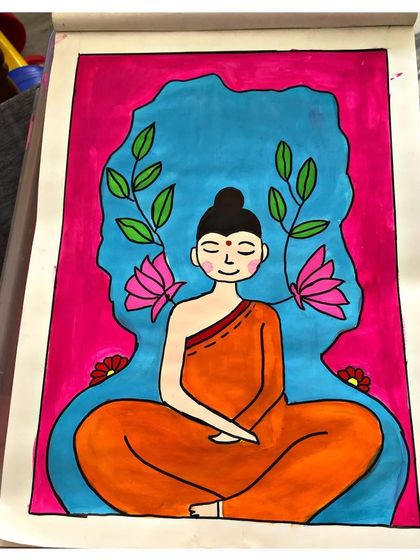 A student's poster colour painting of a meditating Buddha, using bright, cheerful colours. This piece has a lovely, modern graphic quality.