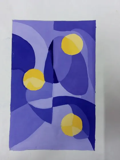 Larena, a 7th standard student, created this abstract 2D design with poster colours. The composition plays with shades of purple and complementary yellow circles.