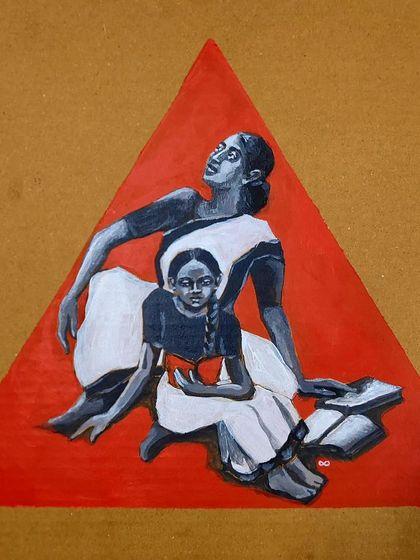 "Raising a revolutionary child, is also a protest." This full view of the acrylic painting shows a mother and child reading together, framed by a powerful red triangle. It speaks to the political act of education and raising aware children in today's world.