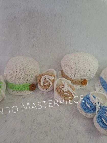 This image shows how you can mix and match the newsboy caps and sneaker booties to create the perfect customized set for your little boy.