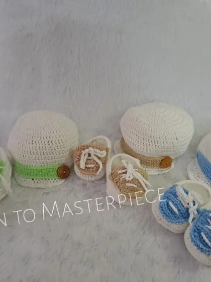 This image shows how you can mix and match the newsboy caps and sneaker booties to create the perfect customized set for your little boy.