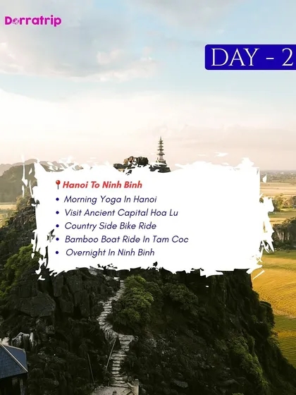 Day 2 of our Vietnam itinerary: Morning yoga, visiting the ancient capital of Hoa Lu, and a bamboo boat ride in Tam Coc. A perfect blend of wellness and culture.