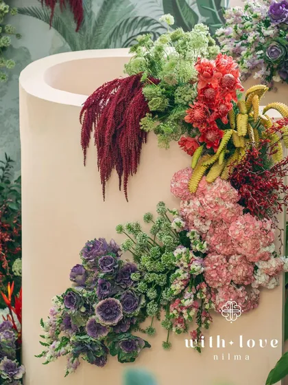 A detail of the custom structures and floral arrangements from the 'Garden of Gaia' event.
