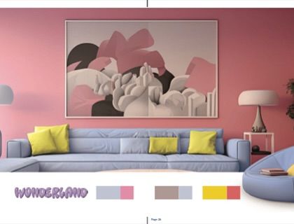 A look at the "Wonderland" color and interior mood board from the forecast. This palette combines soft pinks with bold yellows and grays to create a playful yet sophisticated atmosphere.