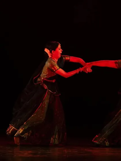 A dynamic interaction between two dancers in 'Ek Anant'. Duet choreography is a conversation, a 'sawal-jawab' of movement between the performers.