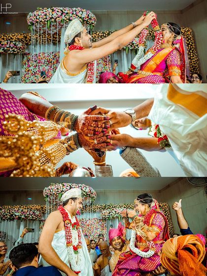 A collage of key wedding rituals, from the couple being lifted by family to the tying of the sacred knot.