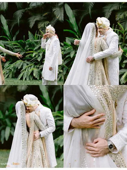 A collage of the couple's first look, capturing the groom's emotional reaction and their tender embrace. A beautiful story in four frames.