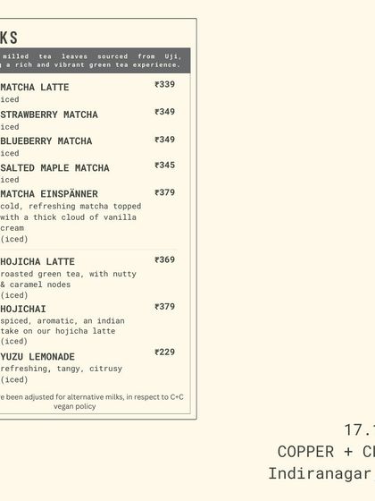 Announcing the beverage tasting menu for the O'FuFu pop-up, featuring a special selection of Matcha, Hojicha, and Yuzu Lemonade.