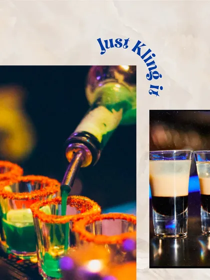 Another look at our fun shot creations. The green shots with a chili-salt rim offer a spicy kick, while the layered shots are a classic party favorite.