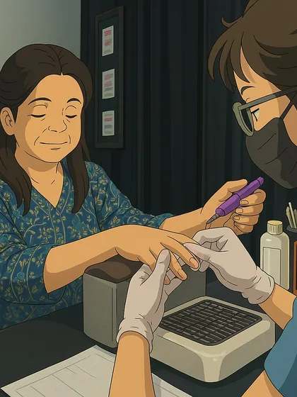 An illustration capturing the focus and precision of a Russian manicure session.