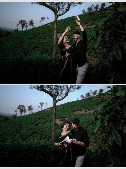 A playful moment in the tea gardens, where the couple interacts with a book. This adds a personal, story-like element to their pre-wedding photos.