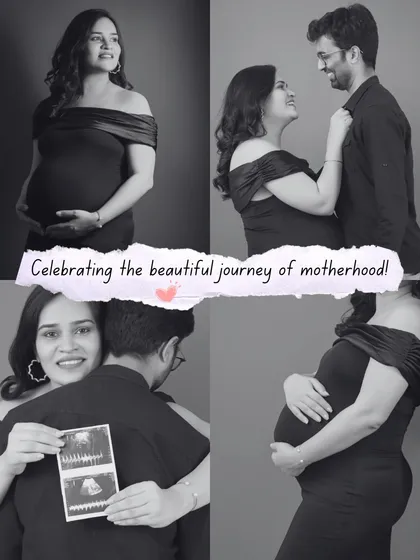 This black and white collage celebrates the journey of motherhood by combining solo bump shots, a couple's portrait, and the special sonogram photo.