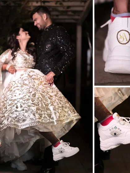 Who says you can't rock sneakers at your sangeet? I love it when couples add their personal style, right down to custom sneakers with their wedding logo.