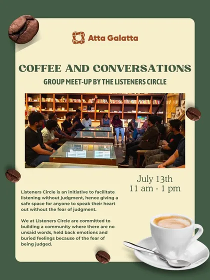 Poster for 'Coffee and Conversations', a group meetup by The Listeners Circle.