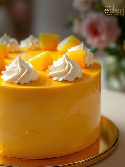 A minimalist take on my mango cake, featuring a smooth, glossy mango glaze topped with whipped cream swirls and fresh mango pieces. It's simple, elegant, and delicious.