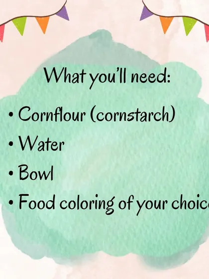 These infographics show the benefits, instructions, and variations for the cornflour and water sensory experiment, a fascinating way to explore states of matter.