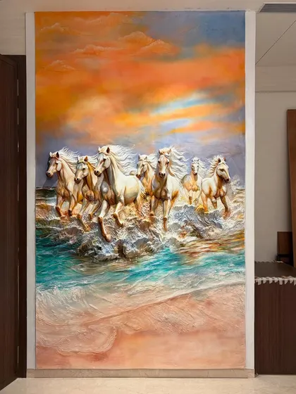 This 7 Horses mural is one of my absolute favorites. I focused on capturing the energy and motion of the horses, using 3D sculpting and a dramatic color palette to create a powerful sense of movement.