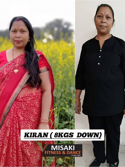 Kiran's 8 kg weight loss transformation. She looks visibly healthier and more energetic.